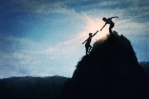 conceptual painting with two friends climbing a mountain togethe