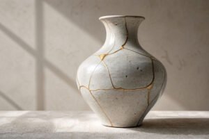 restored ceramic vase with golden repair lines in kintsugi style